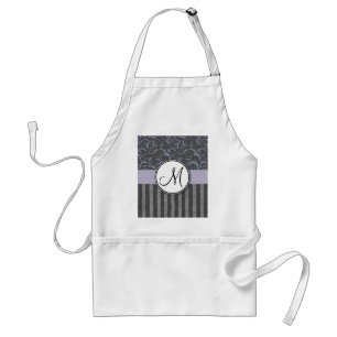 Lavender Grey Floral Wisps & Stripes with Monogram Adult Apron