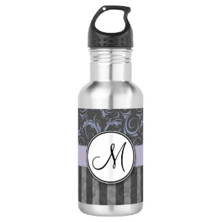 Lavender Grey Floral Wisps & Stripes with Monogram Water Bottle