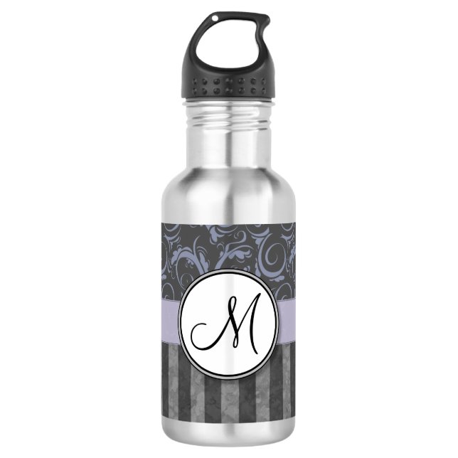 Lavender Grey Floral Wisps & Stripes with Monogram Water Bottle (Front)