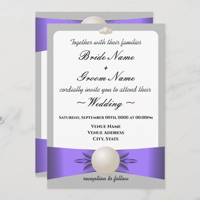 Lavender & Grey Pearl Ribbon Wedding & Reception Invitation (Front/Back)