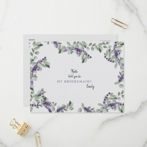 Lavender Grey Wedding Will You be My Bridesmaid Invitation Postcard