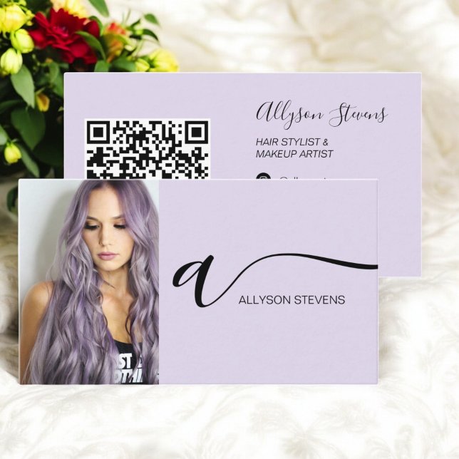 Lavender hair makeup photo initial qr code business card (Lavender hair makeup photo initial qr code business card)