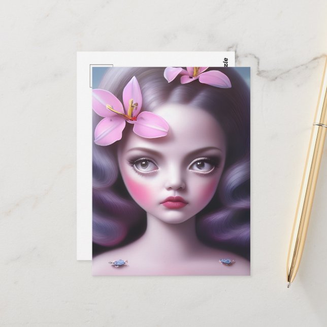Lavender Hair & Pink Flowers Girl Postcard (Front/Back In Situ)