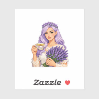 Lavender Hair Queen Cozy Tea & Flower Bouquet Stic Sticker