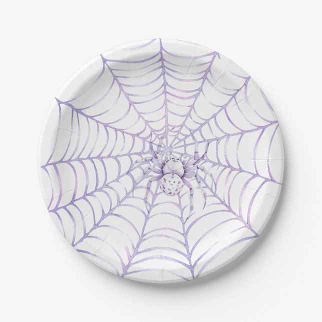 Lavender Halloween Spider on Web Paper Plates (Front)