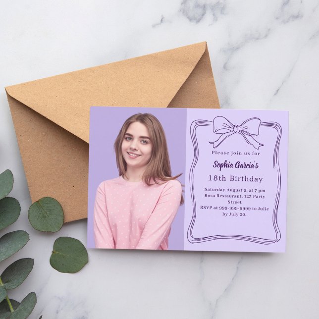 Lavender hand-drawn bow photo birthday invitation (Creator Uploaded)