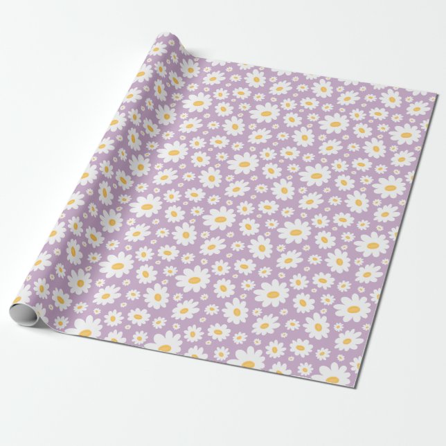 Lavender Hand Drawn Daisy Pattern Wrapping Paper (Unrolled)