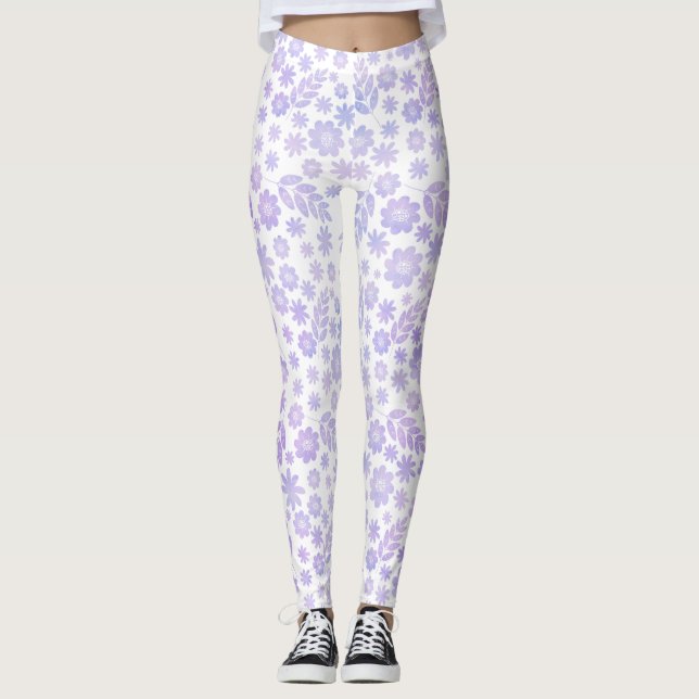 Lavender Hand Drawn Floral Pattern Leggings (Front)