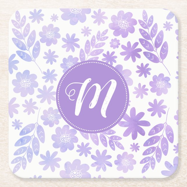 Lavender Hand Drawn Floral Pattern & Monogram Square Paper Coaster (Front)