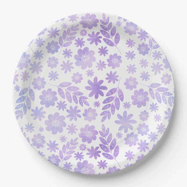 Lavender Hand Drawn Floral Pattern Paper Plates (Front)