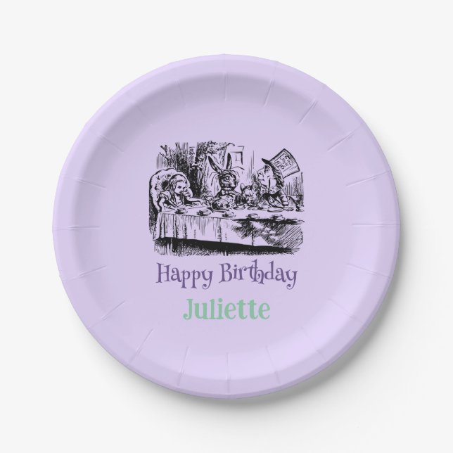 Lavender Happy Birthday Alice Wonderland Paper Plates (Front)