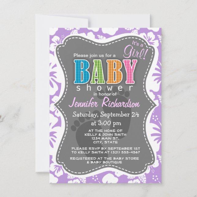 Lavender Hawaiian Tropical Hibiscus Invitation (Front)