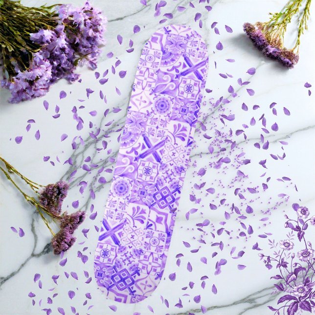Lavender Haze Boho Mediterranean Tile Skateboard (Lavender Haze Boho Pattern Mediterranean Tile Skateboard)