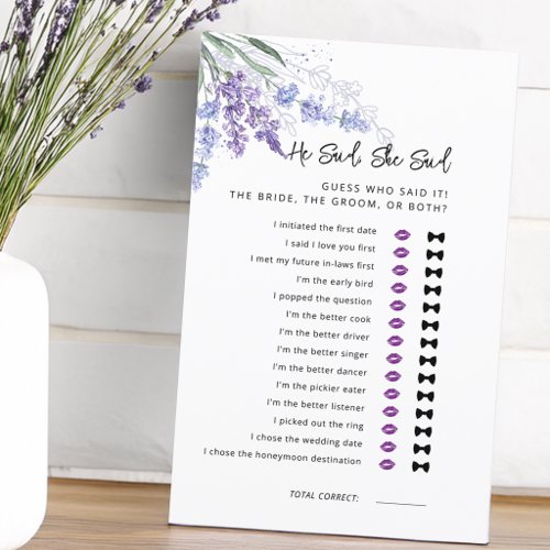 Lavender He Said She Said Bridal Shower Game