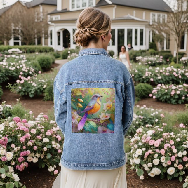 Lavender Headed Orange Breasted Fantasy Bird Denim Jacket (Wedding Back)