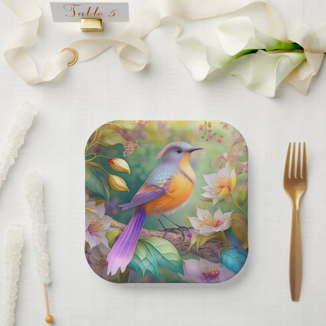 Lavender Headed Orange Breasted Fantasy Bird Paper Plates (Wedding)