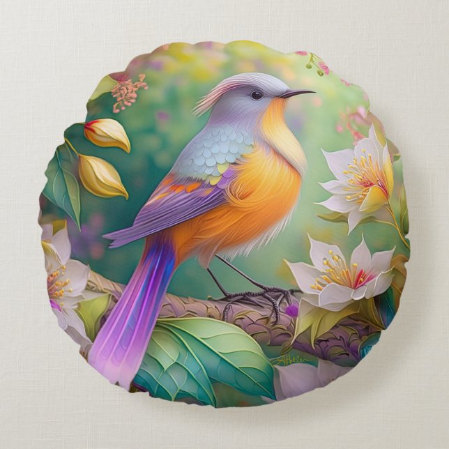 Lavender Headed Orange Breasted Fantasy Bird Round Pillow (Front)