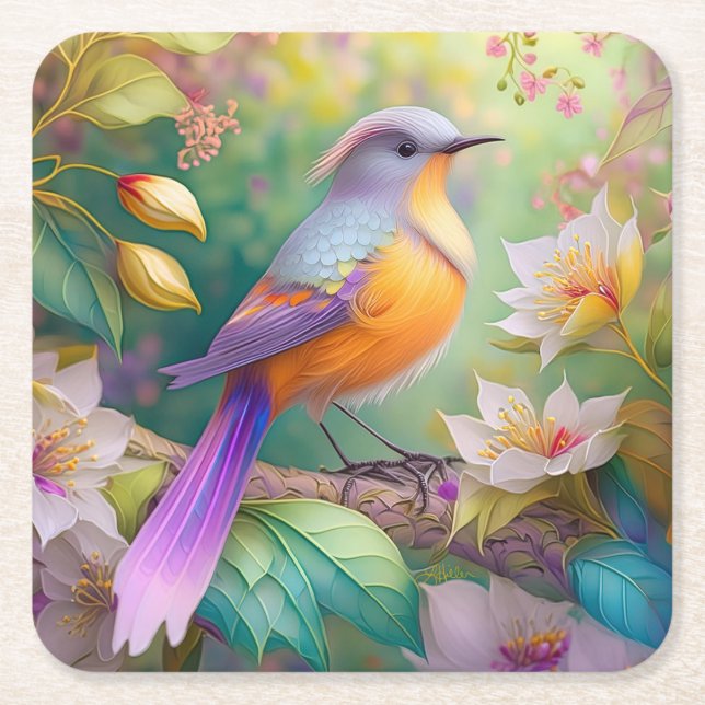Lavender Headed Orange Breasted Fantasy Bird Square Paper Coaster (Front)