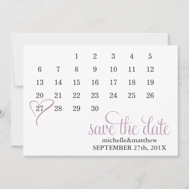 Lavender Heart Calendar Wedding Save the Date (Front)