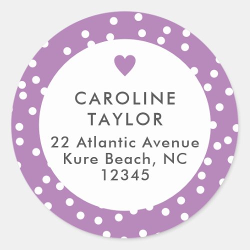 Lavender Heart  Dots Cute Purple Girly Address Classic Round Sticker