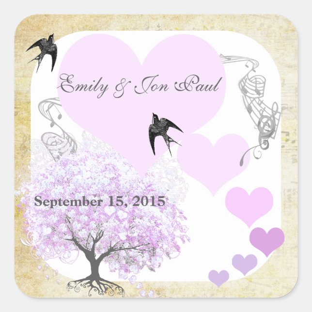 Lavender Heart Leaf Tree Wedding Square Sticker (Front)