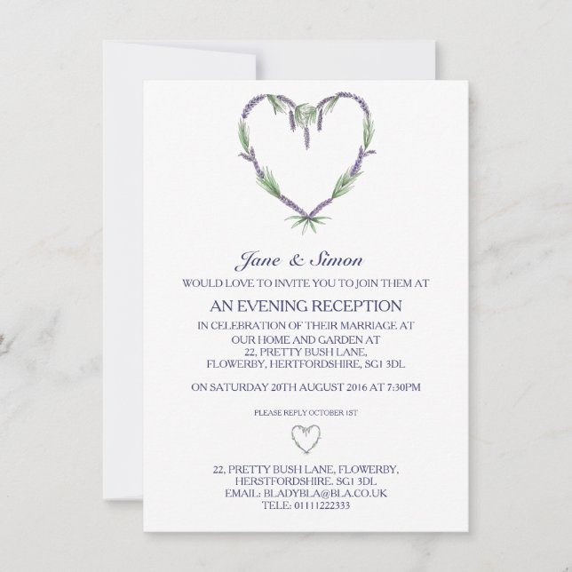Lavender Heart Wedding Evening Invitation (Front)