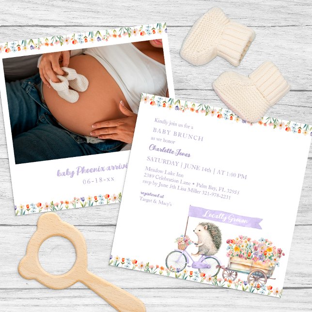 Lavender Hedgehog Baby Shower Photo Invitation (Whimsical Pastel Baby Shower Invitation)
