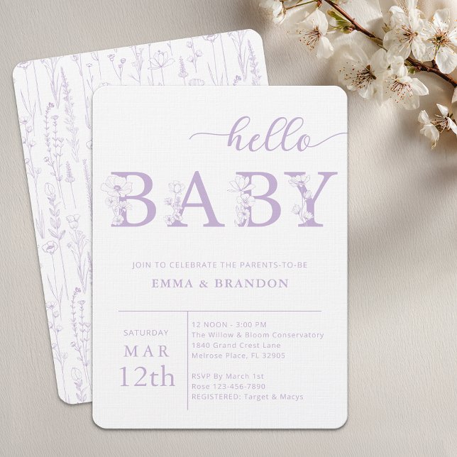 Lavender Hello Baby Wildflower Invitation (Lavender Baby Shower Invite)