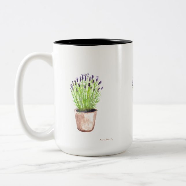 Lavender herb pot plant rustic purple Two-Tone coffee mug (Left)