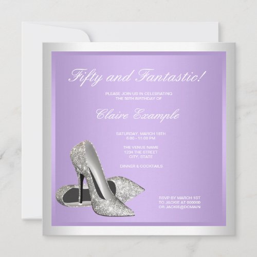 Lavender High Heels Womans 50th Birthday Personalized Invite