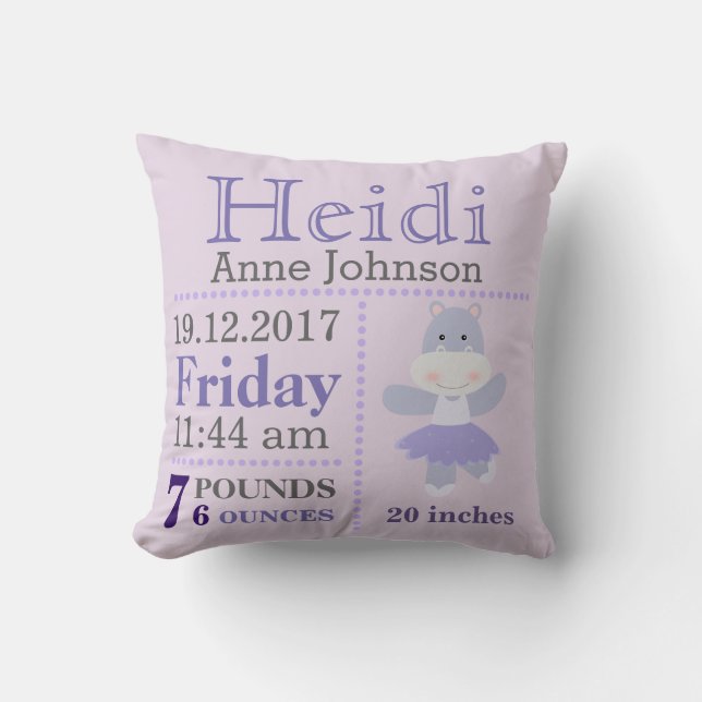 Lavender Hippo Ballerina birth announcement stats Throw Pillow (Front)