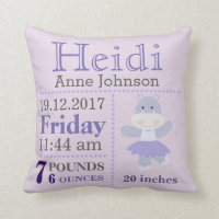 Lavender Hippo Ballerina birth announcement stats Throw Pillow