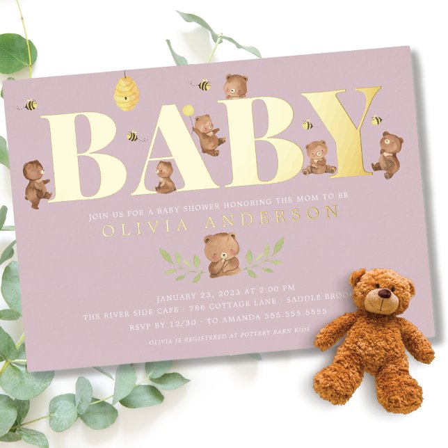 Lavender Honey Bear Baby Shower Foil Invitation (Creator Uploaded)