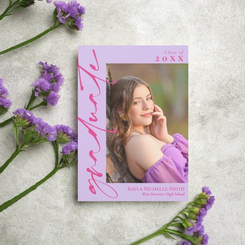 Lavender Hot Pink Calligraphy Photo Graduation Invitation