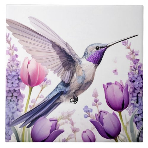 Lavender Hummingbird Illustration Ceramic Tile