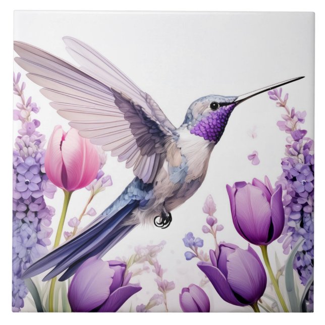 Lavender Hummingbird Illustration Ceramic Tile (Front)