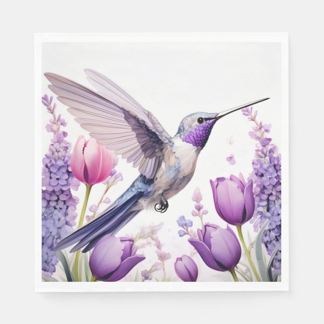 Lavender Hummingbird Illustration Napkins (Front)