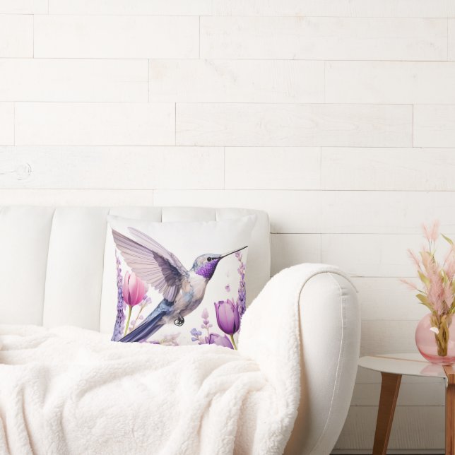 Lavender Hummingbird Illustration Throw Pillow (Couch)