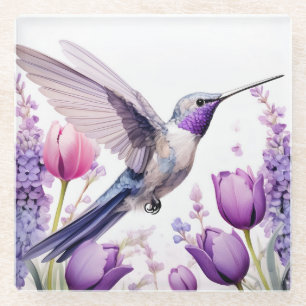 Lavender Hummingbird surrounded by flowers Glass Coaster