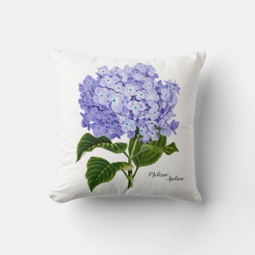 Lavender Hydrangea Botanical Floral Personalized Throw Pillow