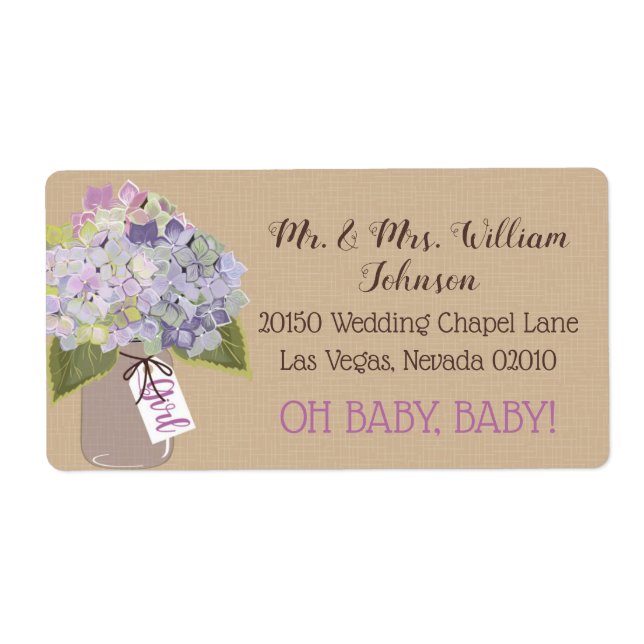 Lavender Hydrangea Bouquet Baby Shower Label (Front)