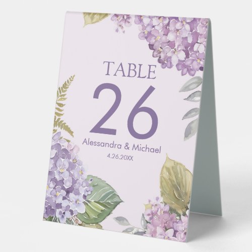 Lavender Hydrangea Flowers  Fern Leave Wedding Table Tent Sign