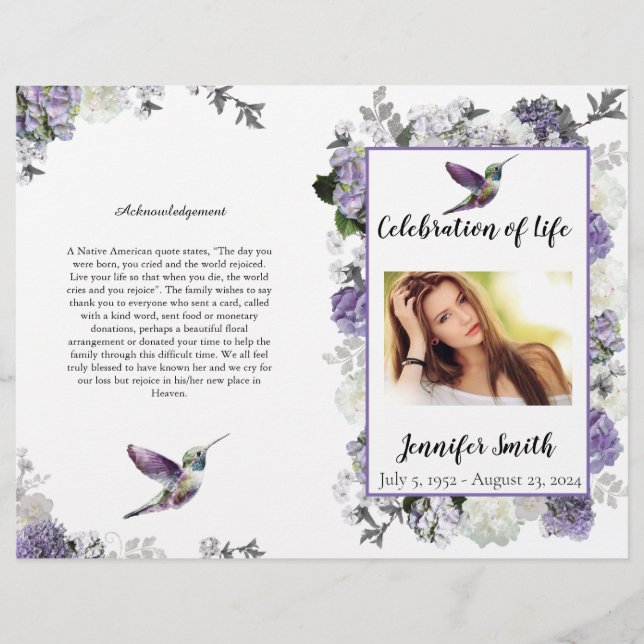 Lavender Hydrangea Hummingbird Funeral Flyer (Front)