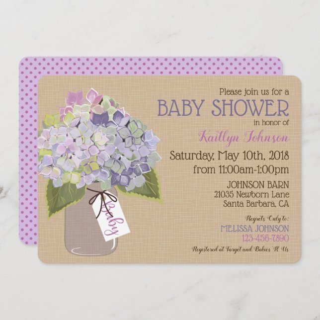 Lavender Hydrangea Mason Jar Rustic Baby Shower Invitation (Front/Back)