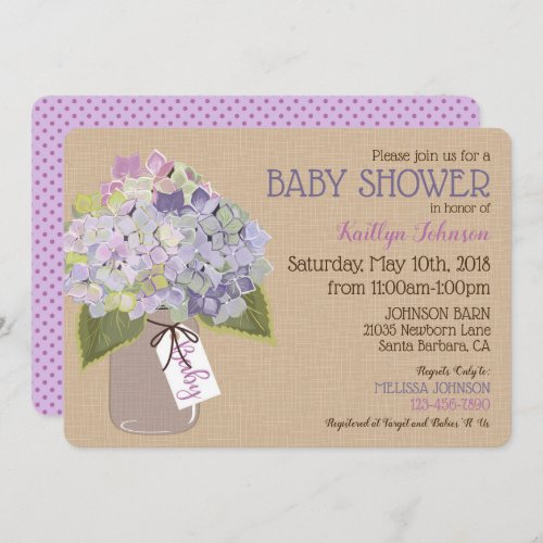 Lavender Hydrangea Mason Jar Rustic Baby Shower Invitation