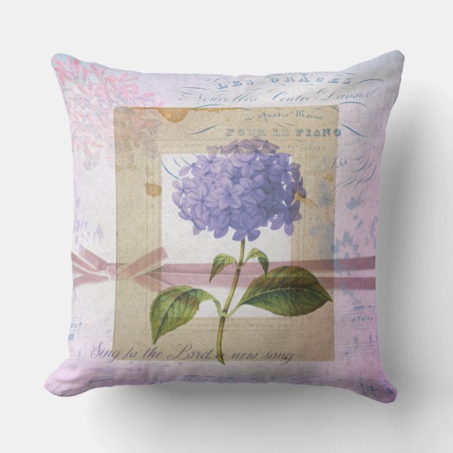 Lavender Hydrangea Vintage Collage Throw Pillow (Front)
