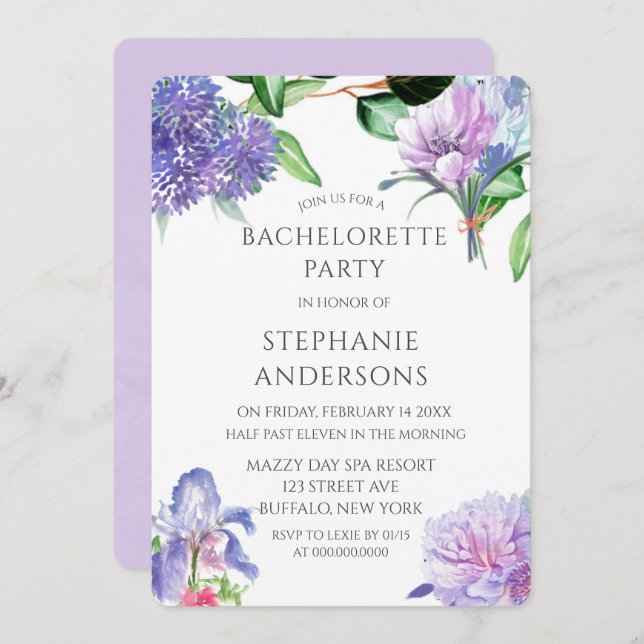 Lavender Hydrangeas Iris Rose Bachelorette Party Invitation (Front/Back)