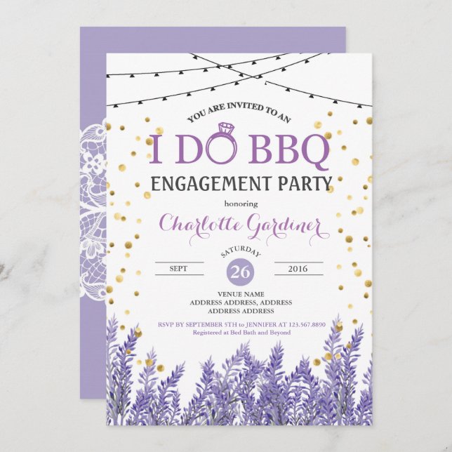 Lavender I do BBQ engagement party purple and gold Invitation (Front/Back)