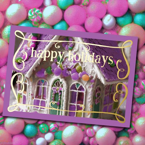 Lavender Iced Gingerbread House Candy Foil Holiday Card