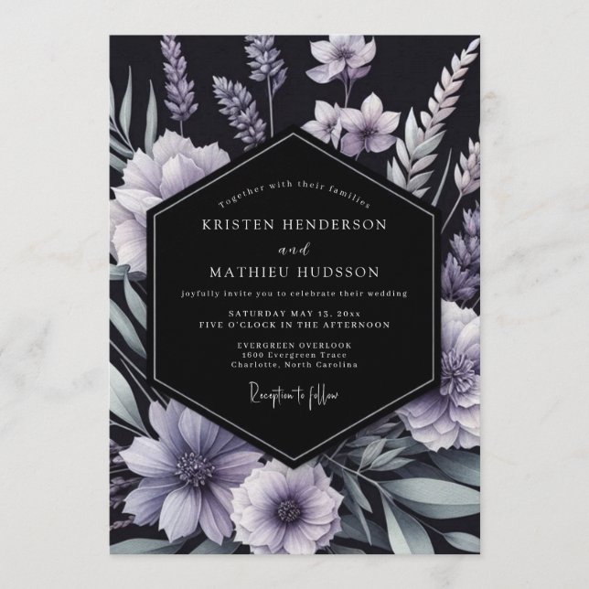 Lavender Inky Floral Wedding Invitation (Front)